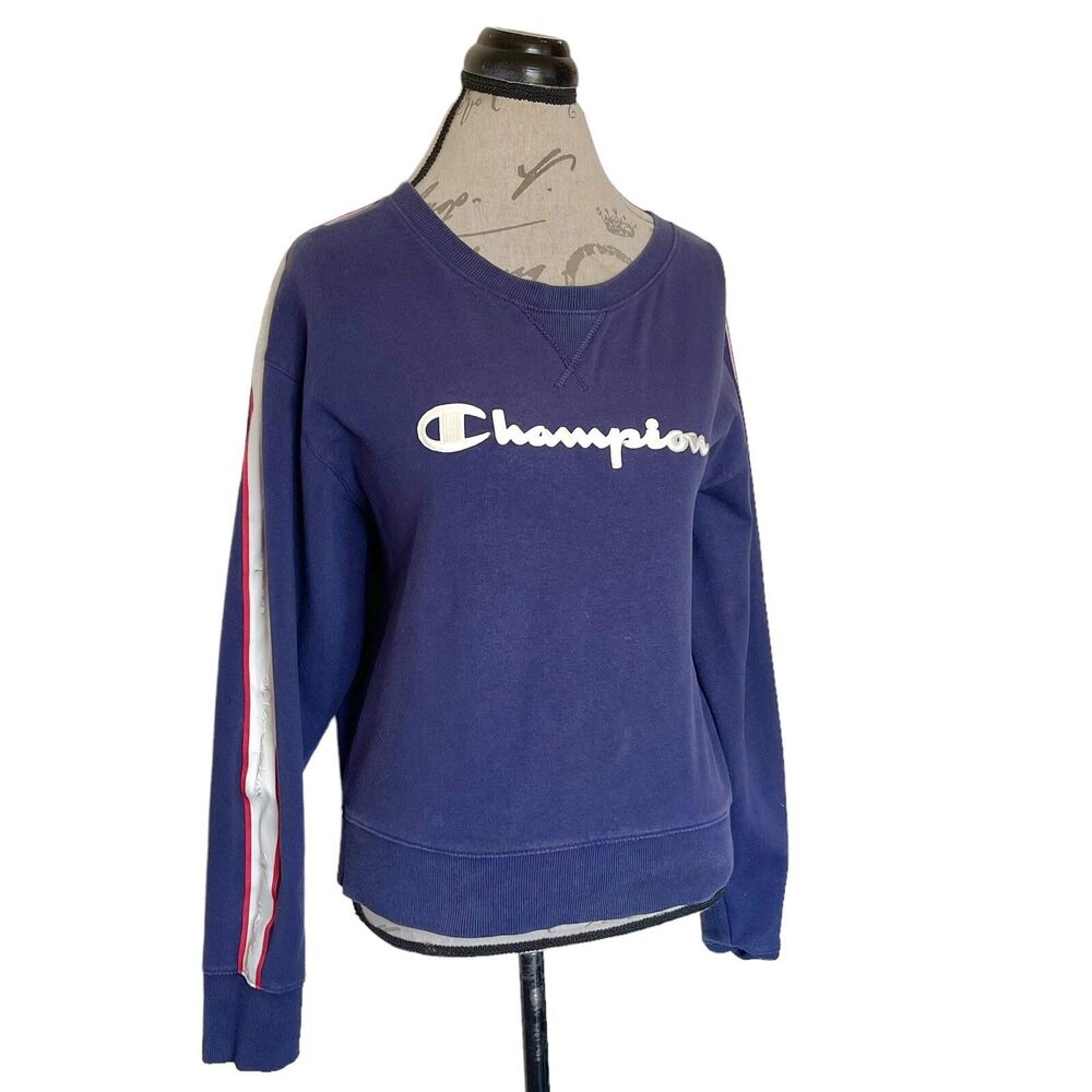 Champion Heritage Crewneck Sweatshirt Navy Blue Spellout Sleeve Stripe Sz Medium - Picture 4 of 13